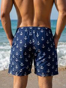 Manfinity Swimmode Men's Casual Printed Beach Shorts Suitable For Holidays, Versatile Men Beachwear Navy Blue Swim Trunks Swim Trunks With Anchor Print Men Swim Trunks Men Beach Shorts Mens Beachwear Anchor Print Swim Shorts Mens Swim Trunks Anchor Print Swim Trunks - Multicolor - View 2