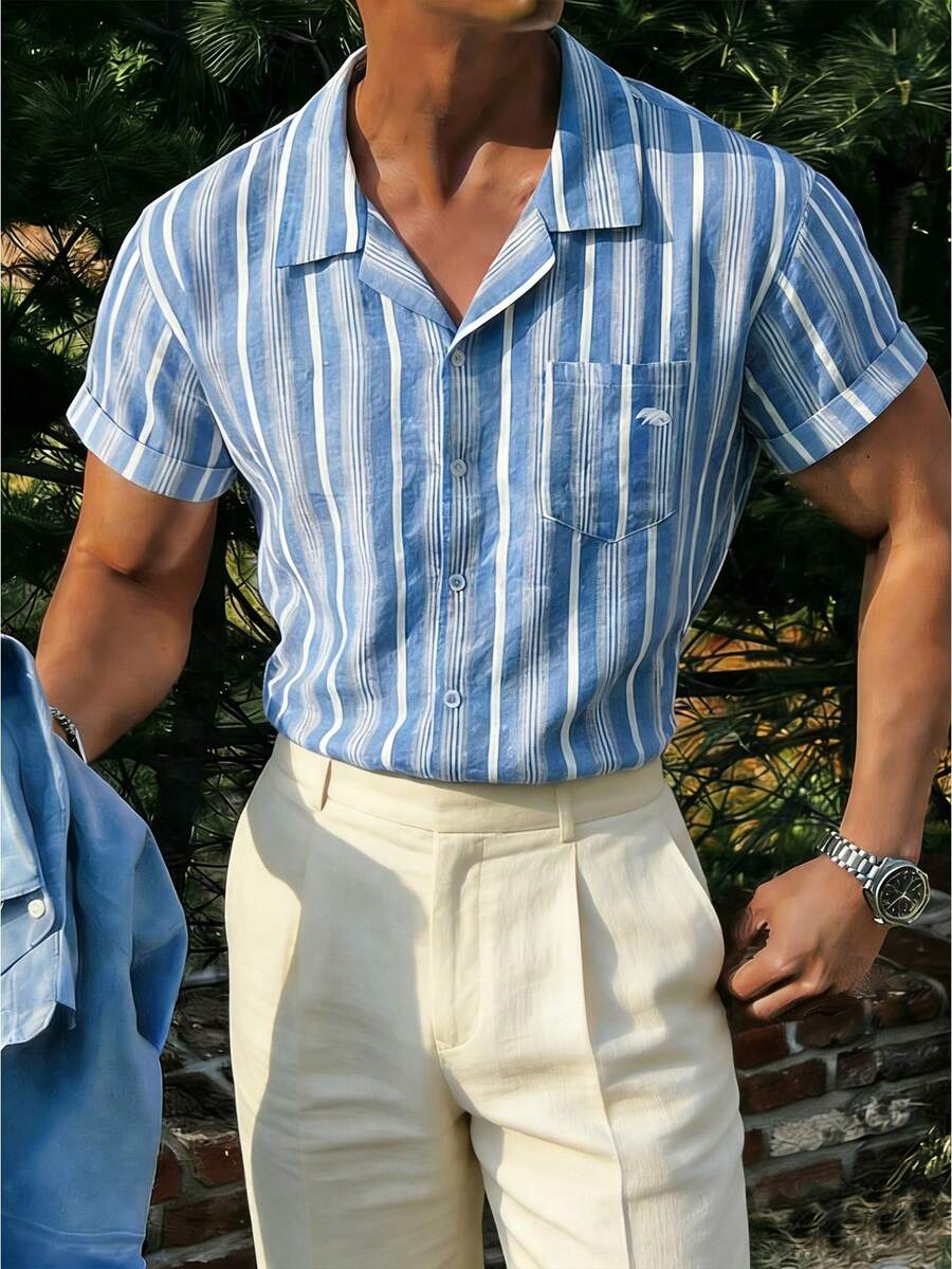 ESTAVOR Camisa de manga corta con bordado de moda para hombre, primavera/verano - Azul - Ver 1