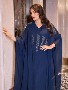 Modelyn Plus Size Women's Sparkling Diamond Sleeveless Elegant Dress, Waist Cinched, Can Be Worn Alone, Suitable For Formal Events - Navy Blue - View 2