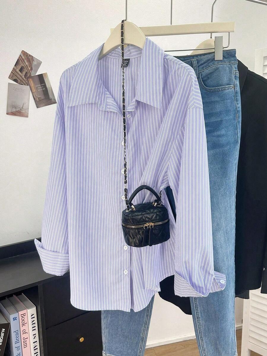 Franclia 大码条纹休闲梭织衬衫,秋冬款 - 淡紫色 - 查看 1