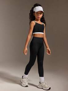 SHEIN Ensembles sans couture pour activités de préadolescentes, hauts et leggings 2 en 1 bicolores, tenue de yoga et de sport décontractée, couleurs contrastées noir et blanc, tissu extensible et confortable - Noir et Blanc - Voir 5