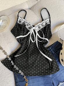 SHEIN Polka Dot Lace Patchwork Bow Tie Camisole - Black - View 6