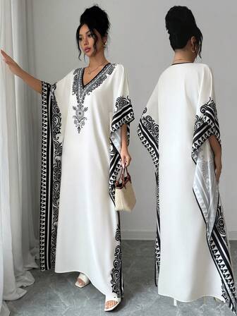 Rafferiza 女士优雅几何印花宽松圆领连衣裙，适合通勤、春夏穿着