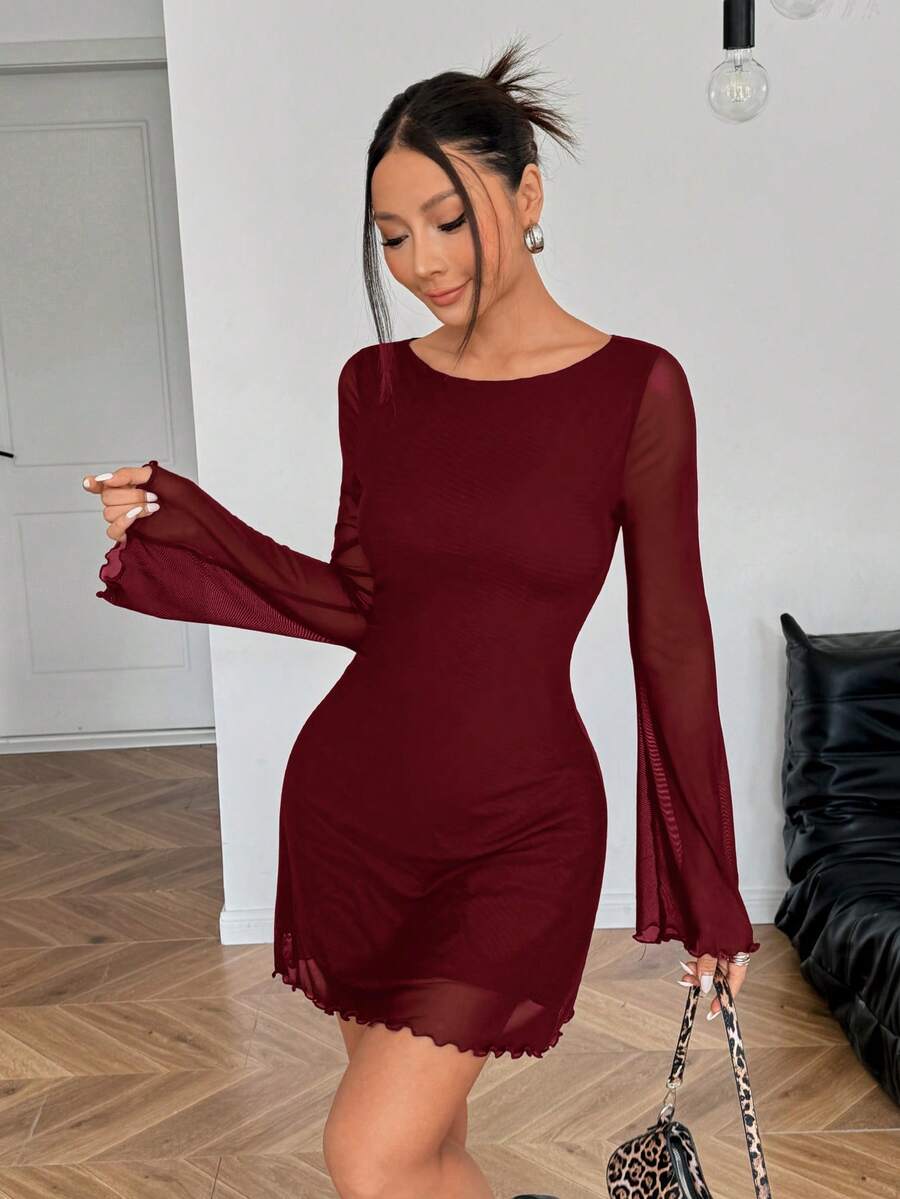 SHEIN EZwear Đầm ngắn tay xòe eo lưới màu đỏ tía mới dành cho nữ - Màu Đỏ Sâu - Xem 1