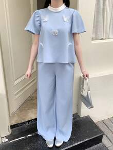 少女蝴蝶装饰圆领短袖衬衫和裤子优雅套装 - 黑與白 - 查看 7