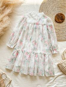 SHEIN Vintaside Kids 女童优雅公主风荷叶边领泡泡袖提花刺绣双层荷叶边下摆宽松公主裙，适合度假、旅行、派对、送礼、春秋季穿着。 - 粉色 - 查看 4