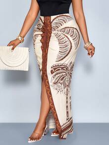 SOLERSUN Đầm xếp ly xẻ tà in họa tiết dành cho nữ cỡ lớn, thích hợp cho hẹn hò, du lịch và mặc hàng ngày. - Màu be - Xem 5