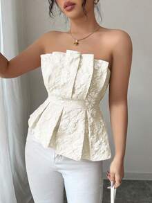 Rafferiza 女士奢华优雅花卉抹胸不对称上衣 - 杏色 - 查看 3