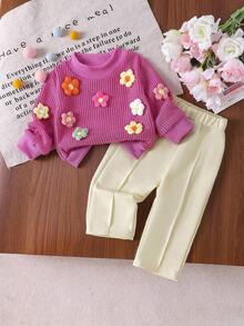 SHEIN Vintaside Kids 女婴蓝色花卉针织套头衫 + 直筒裤 2 件套，秋冬 - 粉色 - 查看 1