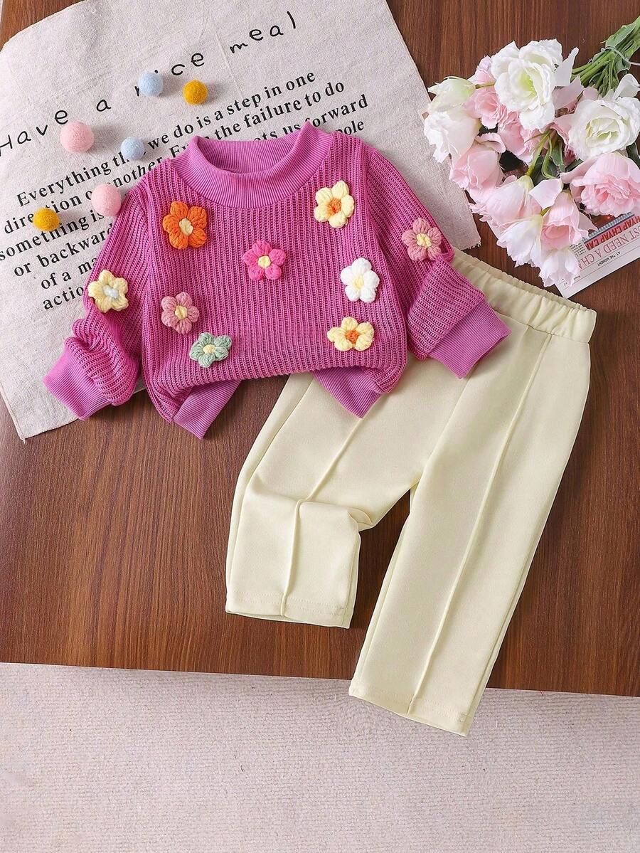 SHEIN Vintaside Kids 女婴蓝色花卉针织套头衫 + 直筒裤 2 件套，秋冬 - 粉色 - 查看 1