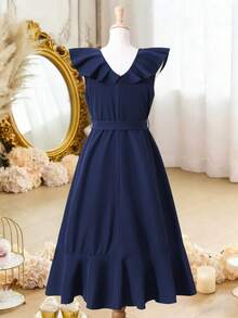 Vestido envolvente con volantes de unicolor elegante para niña preadolescente - Azul Marino - Ver 2