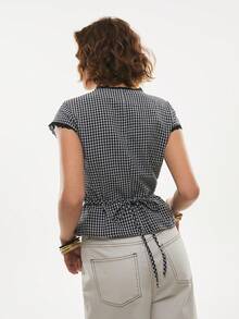 Poéselle 女士休闲格子蕾丝边衬衫，夏季 - 黑與白 - 查看 3