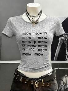 SHEIN 复古朋克风字母印花短袖T恤，Y2K哥特风上衣，街头嘻哈风上衣，90年代女装 - 灰色 - 查看 3
