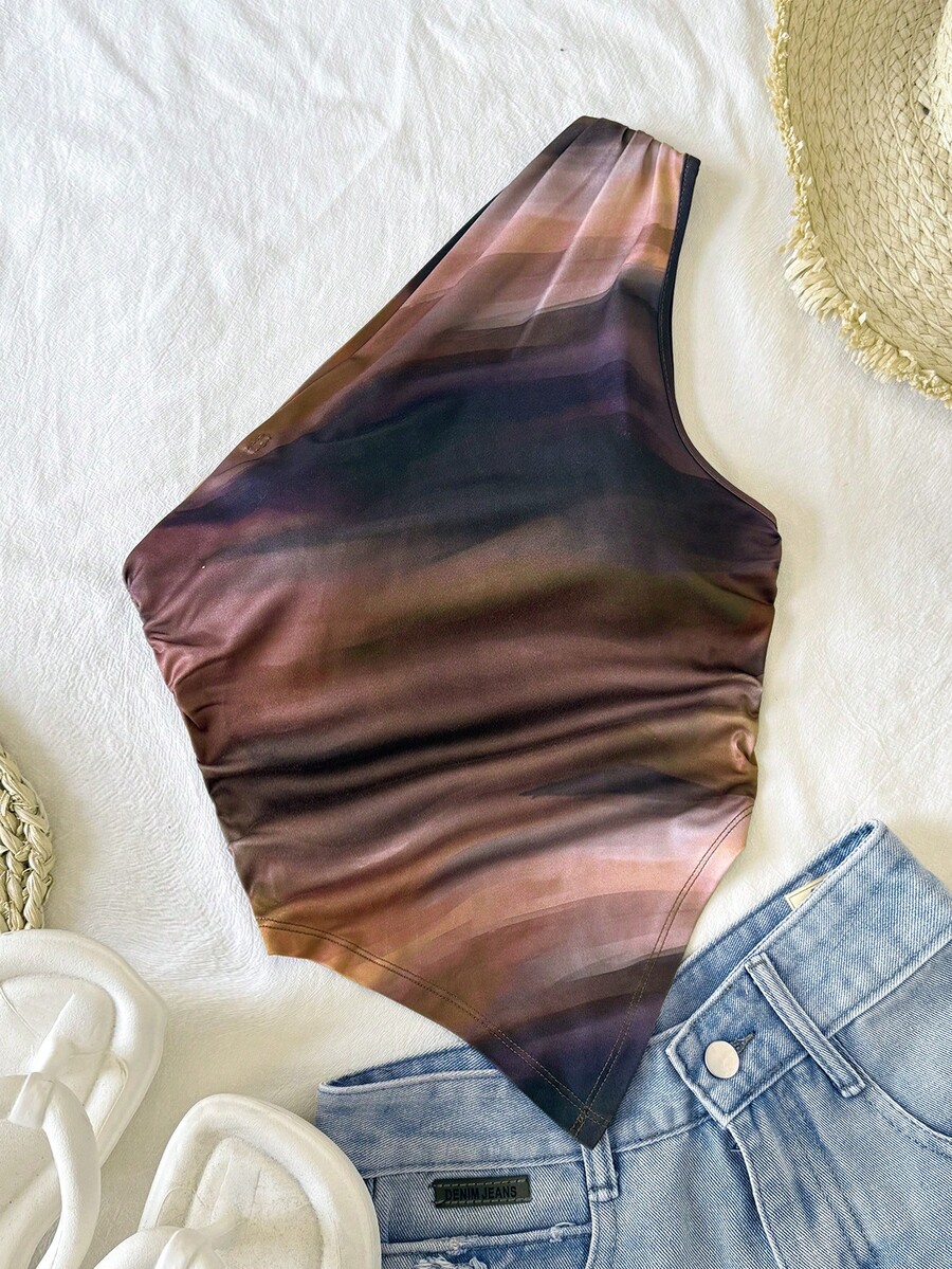 SHEIN Débardeur court asymétrique à une épaule en tricot avec imprimé tie-dye, pour l'été, pour préadolescentes - Tabac - Voir 1