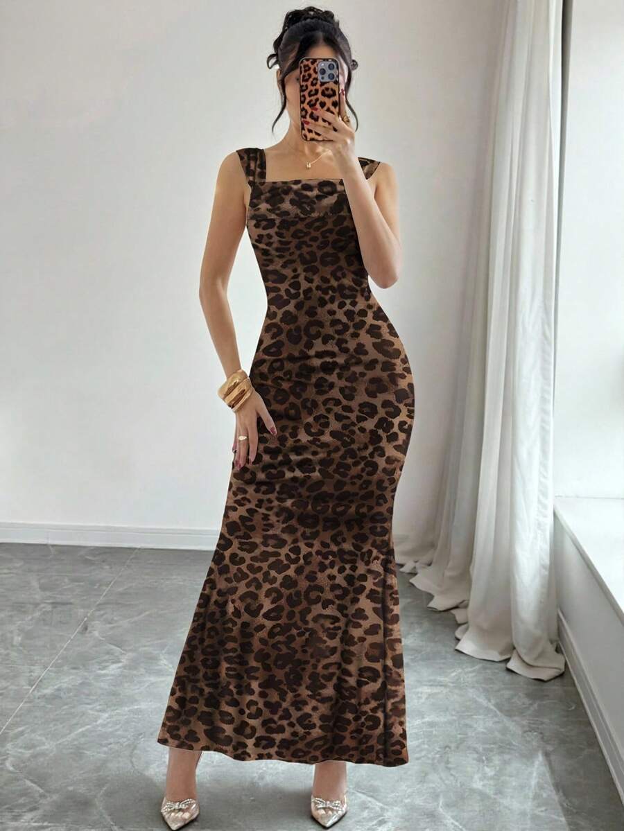 Modelyn Leopard Print Elegant Fishtail Dress, Sexy & Charming, Polyester Material, Suitable For Home, Outings, Holidays, Parties. Women's Spring/Summer Dress, Women's Patterned Dress, Women's Dress, Leopard Print Dress Leopard Dress Animal Print Dress Bodycon Maxi Dress Women Sexy Long Dress Cheetah Dress - Khaki - View 1