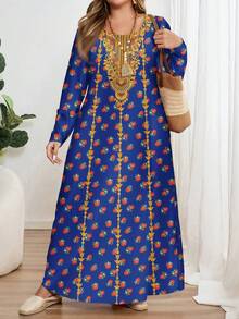 Mellowie Plus Size Long Sleeve Round Neck Dress, Suitable For Autumn/Winter Carnival - Multicolor - View 4