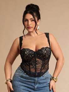SHEIN BAE Áo ngực ren đen thanh lịch cỡ lớn dành cho nữ, áo ngực trong suốt gợi cảm, ngày lễ tình nhân - màu đen - Xem 4