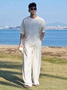 DAZY 男士休闲日常通勤度假简约圆领短袖T恤和阔腿裤套装，春夏秋季 - 杏色 - 查看 1