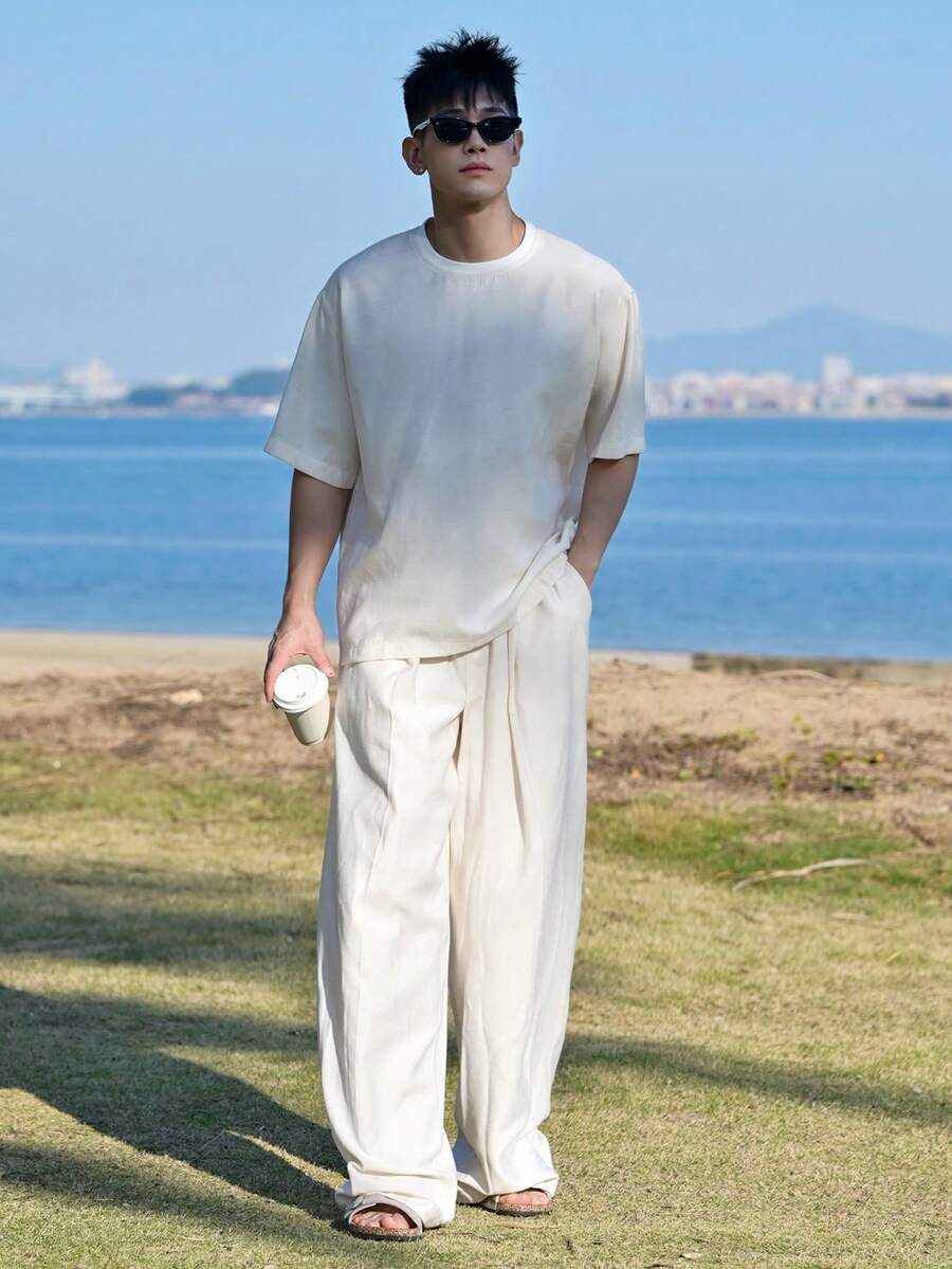 DAZY 男士休闲日常通勤度假简约圆领短袖T恤和阔腿裤套装，春夏秋季 - 杏色 - 查看 1