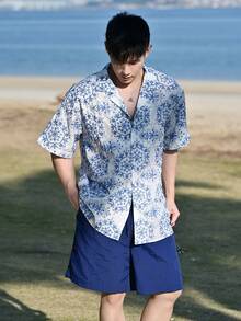 DAZY Summer Textured Floral Print Shirt Tag Solid Color Shorts Vacation Style Men's T-Shirt Set - Multicolor - View 5