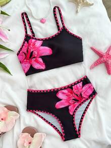 Tween Girls Random Ditsy Floral Bikini Set, Bright Fuchsia Camisole Bikini With Shell Trim, Summer Beach Backless Camisole Swimsuit Set, Beach Vacation Swimwear - Black - View 4