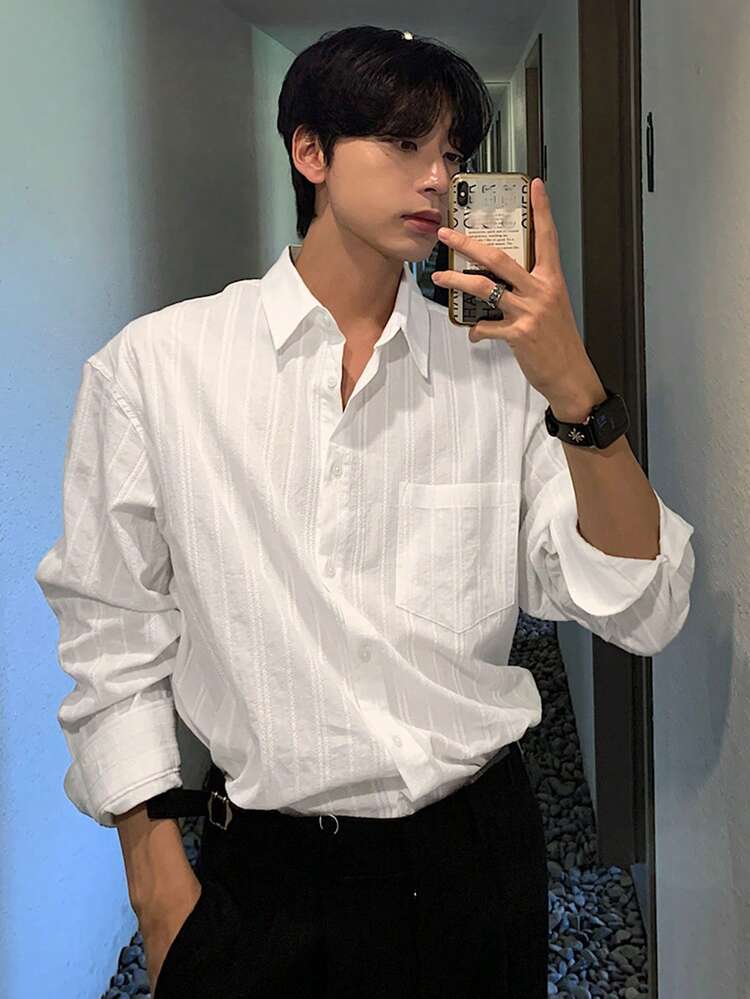 Men's White Long Sleeve Single-Breasted Dress Shirt, Suitable For Commuting, Spring/Summer
