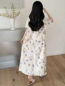 SHEIN 少女日式休闲郁金香花朵荷叶边袖圆领蕾丝边睡裙 - 杏色 - 查看 2