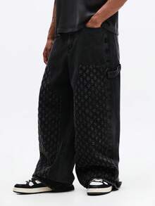 SUMWON Oversized Wide Leg Carpenter Blocking Jeans With Small Floral Print Pattern Contrast Denim Panels Utility Pockets Relaxed Fit Casual - Black - View 1