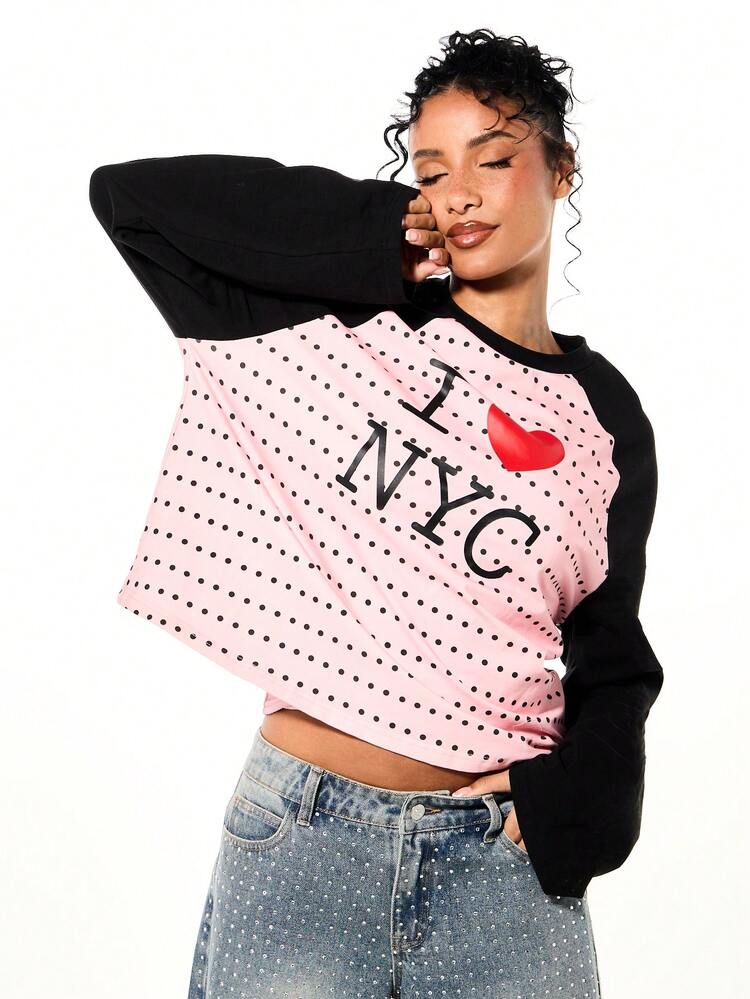 SUMWON WOMEN Maglietta grafica oversize con maniche raglan e stampa a cuore per San Valentino