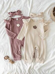 SHEIN 2 piezas Pelele de niña bebé con acanalado y decoración floral linda, versátil para otoño/invierno - Multicolor - Ver 3