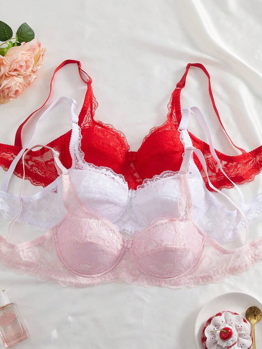 SHEIN Bộ 3 áo ngực có gọng tối giản dành cho nữ, nội y ren gợi cảm kiểu Pháp lãng mạn. - Nhiều màu - Xem 1