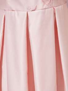 Tween Girls' Light Pink Summer Elegant Wedding Satin Bow Off-Shoulder Embroidered Applique Spaghetti Strap Pleated Midi Dress For Birthday Party - Pink - View 7