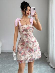 Elenzga Đầm in họa tiết hoa 3D kiểu Pháp cổ điển, thiết kế mới mùa xuân/hè, chất liệu satin, cổ vuông, thắt nơ, dáng chữ A ngắn, trẻ trung, thích hợp cho hẹn hò, thanh lịch, độc đáo và đẹp mắt dành cho nữ. - Nhiều màu - Xem 4