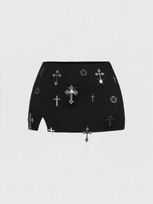 ROMWE Avant Váy ngắn ôm sát xẻ cao kiểu dáng vintage Vantage gợi cảm dành cho nữ, họa tiết chữ thập, phong cách Subculture. - màu đen - Xem 1