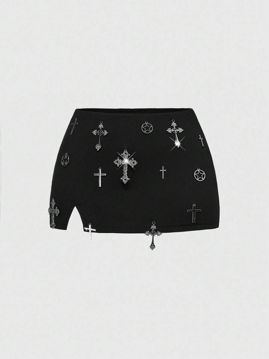 ROMWE Avant Váy ngắn ôm sát xẻ cao kiểu dáng vintage Vantage gợi cảm dành cho nữ, họa tiết chữ thập, phong cách Subculture. - màu đen - Xem 1