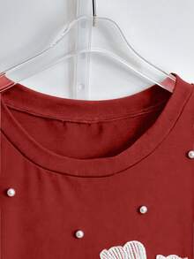 SHEIN Tall CURVE 大码女式夏季水钻装饰圆领T恤 - 紅色 - 查看 4