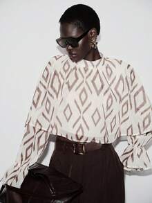 Lumivelle Women's Fashionable Elegant Printed Stand Collar Puff Sleeve Loose Crop Top Spring/Summer Chiffon Fabric With Print, Natural And Versatile.Graphic Tops Women Bell Sleeve Brown Blouses Earthy Tops Scarf Top - Apricot - View 6