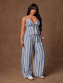 Rustia 2pcs/Set Fashionable Vacation Camisole Top And Straight Leg Contrast Striped Pants - Multicolor - View 4