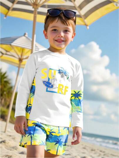 Young Boys Swimwear; Boys' Swimwear With White, Yellow And Blue Beach Coconut Tree Print; Surf Knitted Fabric Two-Piece Set, Separatesuit Four-Piece Swim Trunks; White, Yellow And Blue Knitted Tropical Coconut Tree Print Knitted Top And Shorts Separate Swimsuit Set; Sporty Style Suitable For Swimming For Summer Vacation Summer Beach Seaside Swimming Pool Swimming Pool Summer Holiday Party Leisure Vacation Boys Rash Guard Set Boy Swimsuit Set Long Sleeve