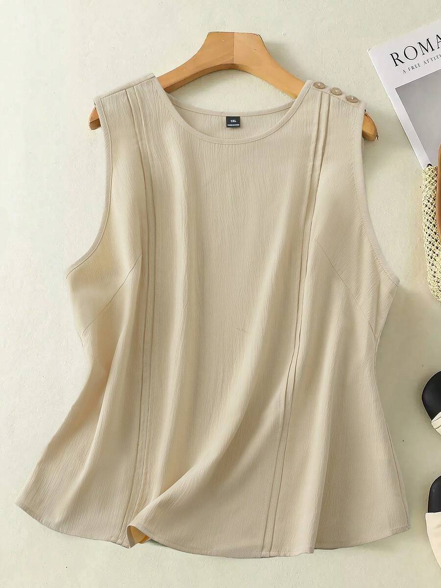 Linhara Áo kiểu cỡ lớn, cổ tròn, không tay, thoải mái, đa năng, màu mơ - Màu be - Xem 1