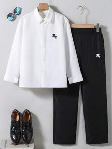 2 pièces/Set Chemise et pantalon bleu clair minimaliste décontracté pour garçons. Tenue de gentleman, convient pour le port quotidien, les occasions formelles et les rassemblements - Noir - Voir 3