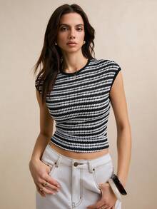 Poéselle Women's Striped Round Neck Cap Sleeve Cropped Casual T-Shirt - Black and White - View 3