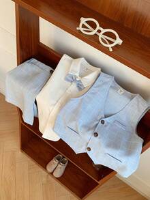 SHEIN 3pcs Young Boys Light Blue Plaid Vest,Shorts,Shirt With Bow Tie Set,Traditional Wedding Guest Outfit For Birthday Party,Christening & Formal Occasion - Blue - View 4