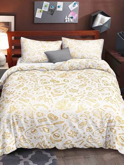 HARRY POTTER X SHEIN 3Pc Bronzing Pattern Quilt Cover Set, White Quilt Cover, Comfortable And Soft, Warm And Machine Washable, Suitable For Single Bed/Double Bed/Queen Bed/King Bed, Dormitory/Home