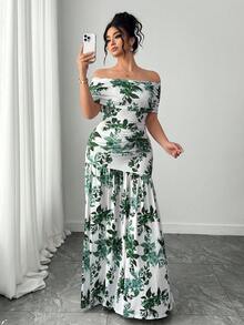 SHEIN Elenzya Vestido elegante y sofisticado de hombros descubiertos, talla grande, adecuado para fiestas, vacaciones, bodas, con diseño de abertura favorecedora - Multicolor - Ver 5
