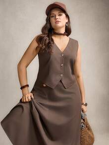 Comfylo Plus Size 2 Pieces Set: Sleeveless Top And Midi Skirt, Versatile For Commuting And Outings Brown Top Valentine's Day Birthday Elegant - Brown - View 5