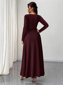 Rafferiza 女士黑色优雅纯色V领高弹修身长袖派对连衣裙，百搭时尚设计，开衩裙摆，适合约会/派对/夜店/街头/万圣节/情人节/生日等场合，也可作为婚礼宾客礼服、优雅连衣裙或乡村音乐会服装。 - 中紫紅色 - 查看 2