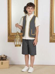 Vacaura 3 Stücke/Set Jungen Lässiger Outfit mit Blumenverzierung, bestehend aus weißem Hemd und Shorts, geeignet für formelle Anlässe, Schule, Outdoor - Verschiedenfarbig - Übersicht 2