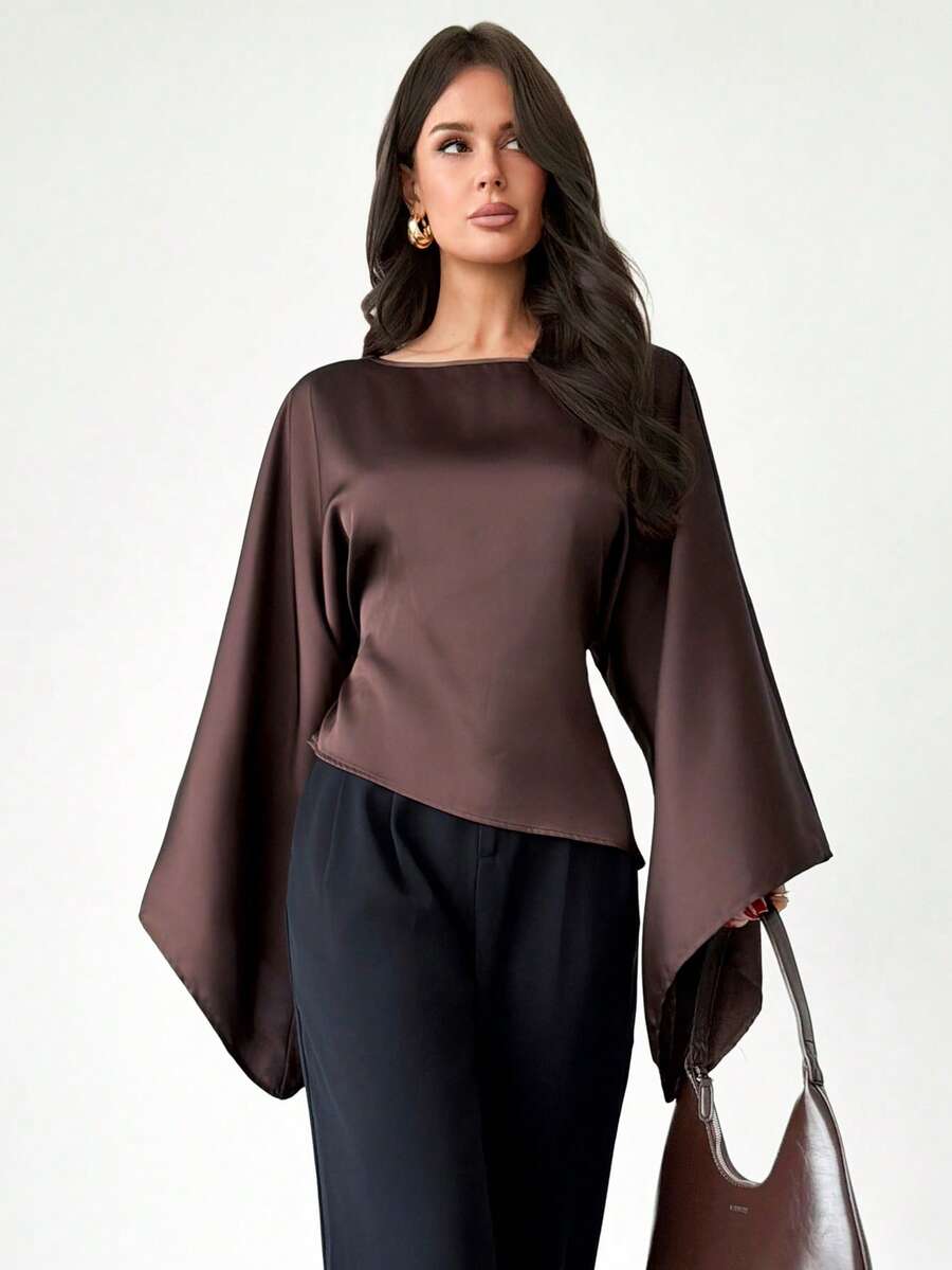 Firerie Women's New Elegant Romantic Casual Urban Commute Elegant Fashion Versatile Coffee Brown Round Neck Batwing Long Sleeve Tie-Waist Irregular Hem Regular Fit Blouse, Suitable For Teachers, Autumn/Winter/Spring - Brown - View 1