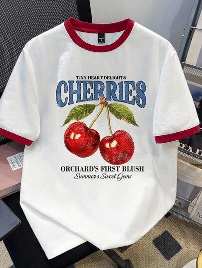 Manfinity Joysei Men's Casual Cherry Fruit Print Color Block T-Shirt, Spring